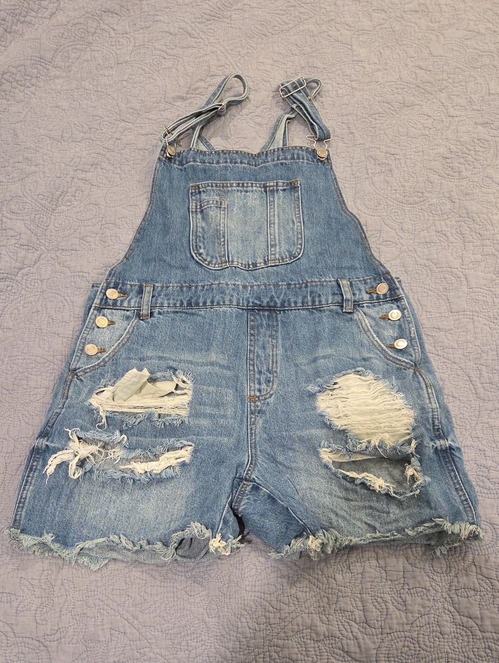 Forever 21 Distressed Light Blue Denim Short Overalls Size 29!